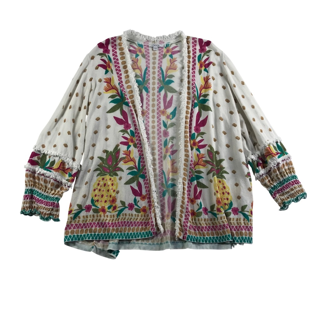 Chicos 4 XXL Tropical Pineapple Floral Open Front Cardigan Fringe Smocked Sleeve